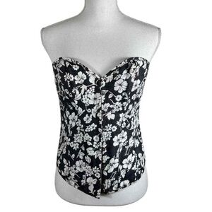 Adore Me Black and White Floral Hibiscus Lace Up Back Corset Top XL Sexy